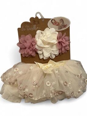 NWT So ‘Dorable Cream & Pink Baby Tutu & Flower Headband Set One Size 0-12 month